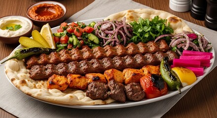 Delicious and flavorful mixed grill platter featuring various grilled meats and accompaniments