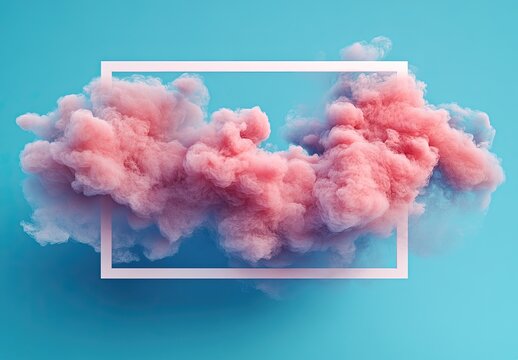 Pink cloud framed by white border on a light blue surface