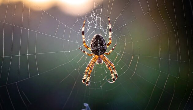 Orb weaver spider in its intricate web at sunset