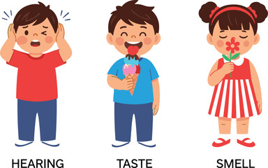 Obraz premium Three senses illustration, children showing hearing taste smell, kids learning sensory science, educational poster for classroom, school teaching resource, human senses education