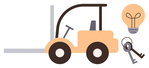 Forklift with steering wheel, keys, and light bulb highlighting innovation, logistics, problem-solving, productivity, construction, ideas and transportation. Ideal for business logistics