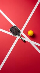 A black paddle and a yellow ball rest on a textured red surface with intersecting white lines resembling a court sport game pickleball tennis recreation equipment exercise activity