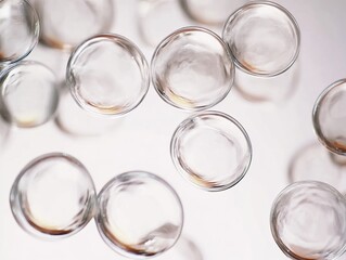 Close-up of transparent glass spheres with liquid contents, arranged on a reflective surface.