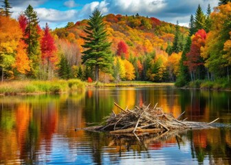 A serene autumn lake with a beaver dam in the foreground