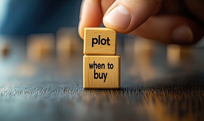 Hand placing wooden blocks reading "plot" and "when to buy