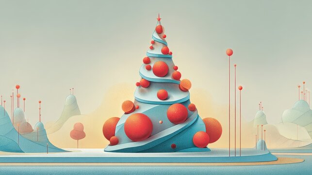 A whimsical, stylized Christmas tree with colorful spheres, set against a serene landscape of soft shapes and pastel colors.