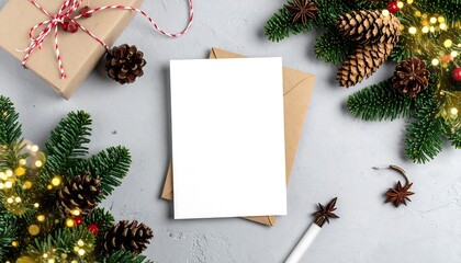 Blank Christmas card surrounded by festive decorations