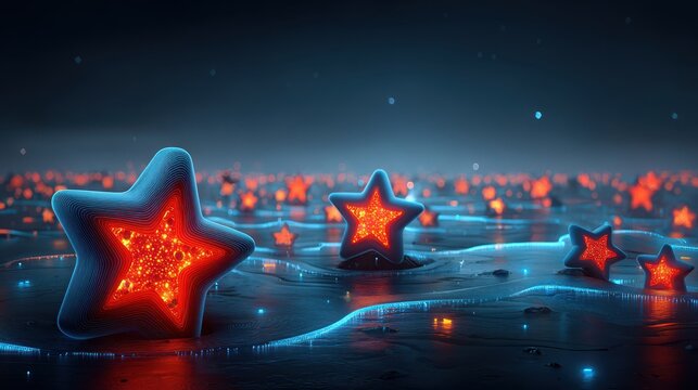 A vibrant scene featuring glowing star-shaped objects scattered across a reflective surface, creating a mesmerizing visual effect against a dark backdrop.
