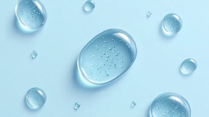 A close-up view of translucent water droplets with internal bubbles, set against a soft blue background.