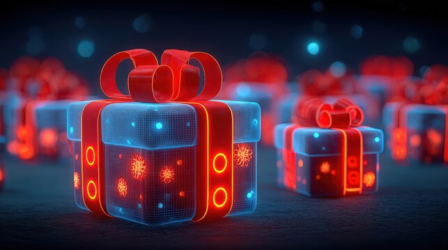 A vibrant display of glowing, digital Christmas gift boxes adorned with festive designs, creating a magical holiday atmosphere.