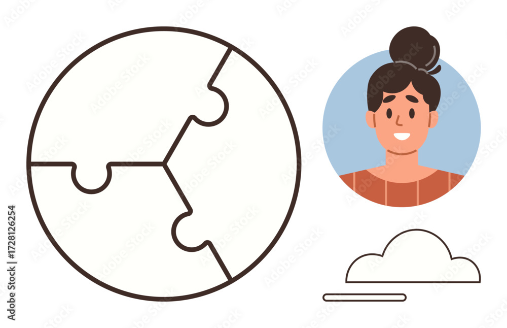 Poster circular puzzle representing global unity, smiling woman icon for identity, and cloud for abstract i