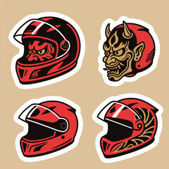 Set of Four Japanese Oni Demon Biker Helmet Vector Mascot