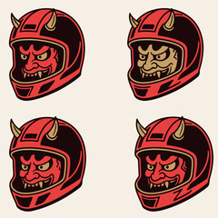 Set of Four Japanese Oni Demon Biker Helmet Vector Mascot