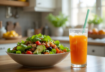 Fresh Vegetable Salad and Orange Juice on Wooden Dining Table in Bright Kitchen Background