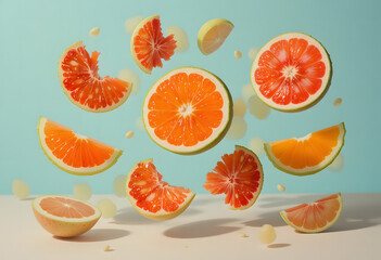 Fresh Grapefruit Slices and Juice Flying in Mid Air in Front of Blue and White Background