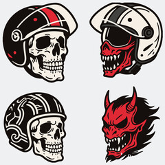 Set of Four Retro Biker Helmet Skull and Devil Head Mascot