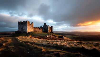 Fototapeta premium An ancient castle on a hilltop under a dramatic cloudy sky, ultra realistic HDR clarity, 8K resolution