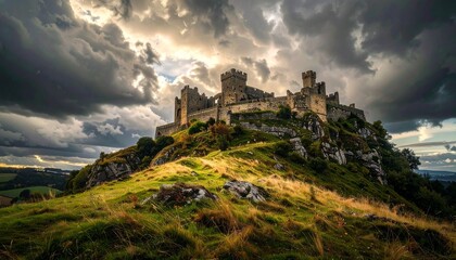 An ancient castle on a hilltop under a dramatic cloudy sky, ultra realistic HDR clarity, 8K resolution