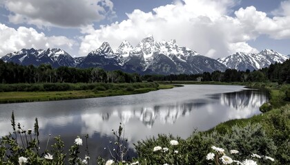 Fototapeta premium Scenic mountain range reflecting in a tranquil river