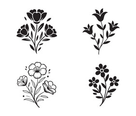 Black Floral Silhouette Vector Set. Decorative Botanical Icons