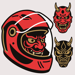 Highly Detailed Japanese Oni Mask Biker Character and Head Vector Set