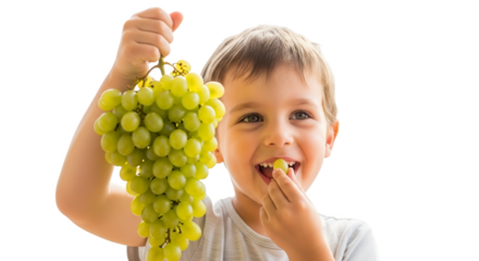 Happy young boy holding a bunch of green grapes and eating one, isolated on transparent background