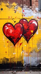 Obraz premium Vibrant Red Heart Graffiti Art on Textured Yellow Brick Wall.