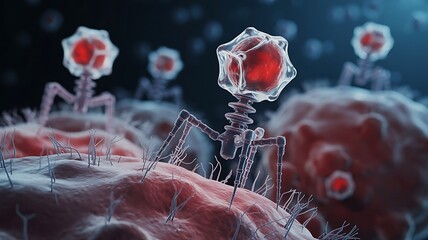 Bacteriophage virus attacking cell microscopic biology