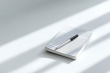 A black-and-white striped notebook with a silver pen resting on top, placed against a stark white surface with dramatic shadows creating depth