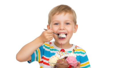 Happy boy eating ice cream sundae with spoon isolated on transparent background