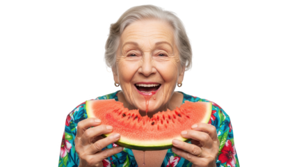 Elderly woman with grey hair smiling and holding a slice of watermelon, isolated on transparent background