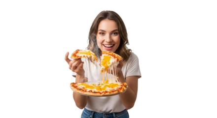 Young woman happily holding a cheesy pizza, isolated on transparent background