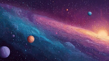 A vibrant nebula swirls with cosmic dust, planets, and a bright star in a colorful, fantasy space scene