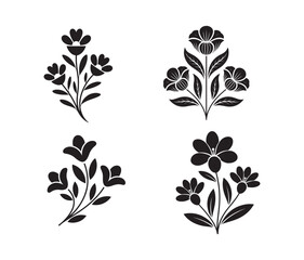 Floral Silhouette Set, Decorative Flower Branches, Black and White Vector Illustration