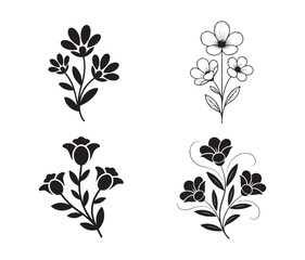 Floral Silhouette Set, Decorative Flower Branches, Black and White Vector Illustration