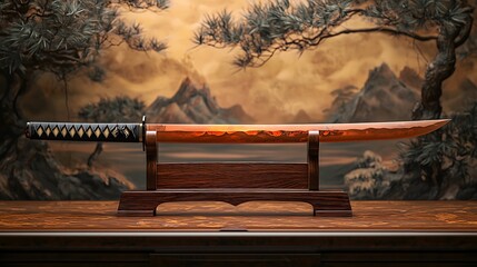 Katana on Display Stand with Dramatic Lighting