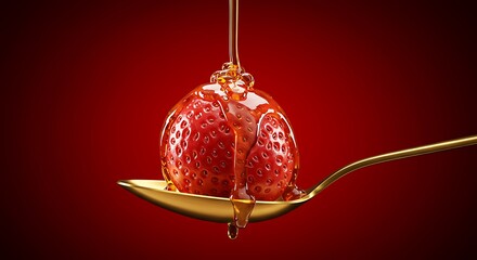 Golden Decadence: Fresh Strawberry Covered in Dripping Honey on a Gold Spoon