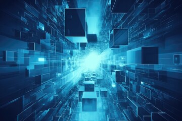 abstract-digital background with blue-glowing cubes floating in dark-space forming futuristic grid for technology and data visualization designs