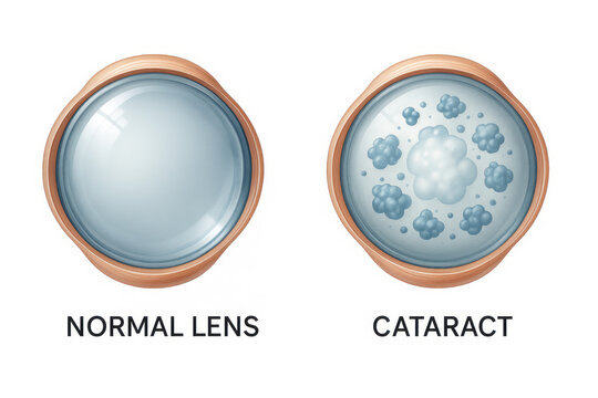 Comparison of a normal eye lens and a lens affected by cataract, illustrating the clouding and protein buildup characteristic of the condition.
