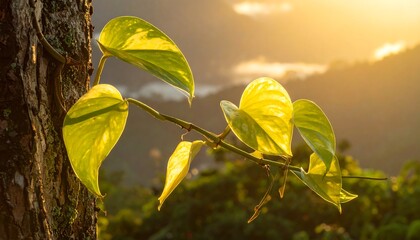 A close-up of a vine with heart-shaped leaves growing on a tree trunk, bathed in golden sunlight. The background is a misty mountain scene