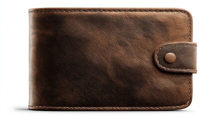 A close-up of a weathered, brown leather wallet with a button closure against a white background