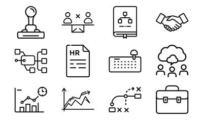 Business Finance Line Icons Collection – Growth, Strategy, Investment, Planning, Rocket Launch, Contracts, Charts, and Office Management Vector Set