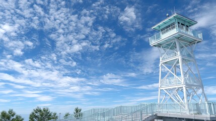 Tall White Metal Tower Under a Bright Cloudy Sky with a View of Lush Green Trees Underneath a High Dynamic Range Setting