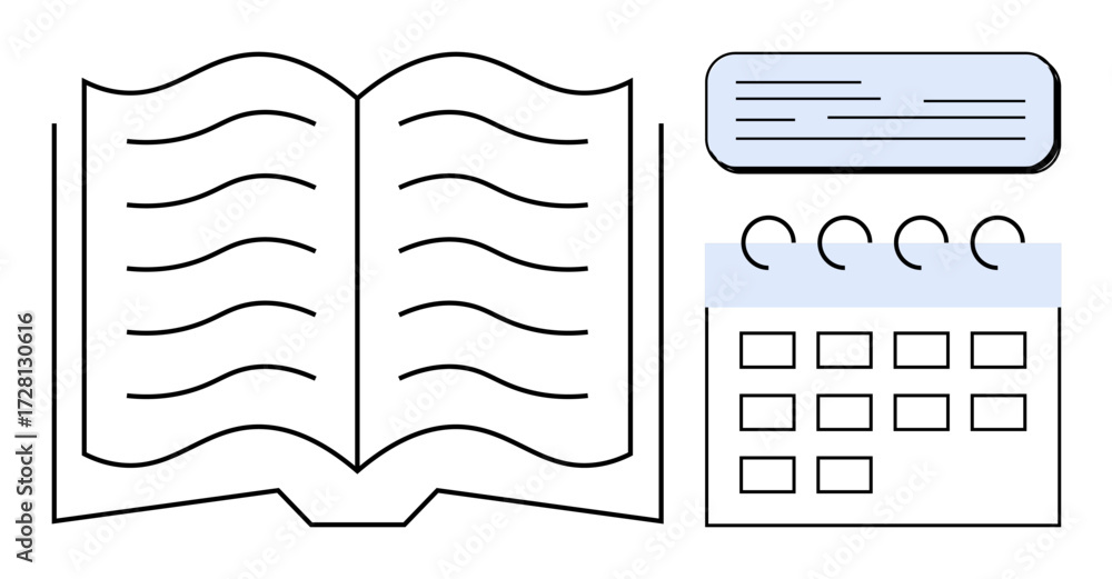 Poster open book with visible lines, a calendar with square date blocks, and a text box. ideal for educatio