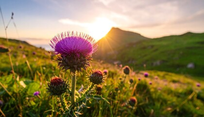 Close-up of a vibrant purple thistle at sunset, with a mountainous backdrop