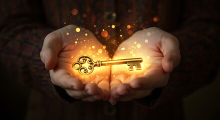 Hands Holding Glowing Golden Key with Magic Sparks