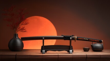 Japanese Sword Exhibit Style Scene with Sun Emblem