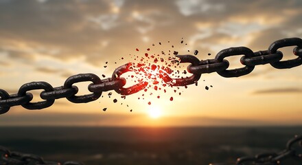 Broken Chain Link Exploding at Sunset, Freedom Concept