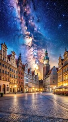 Ancient streets of Wroclaw under starry sky with Milky Way and old town square architecture at night