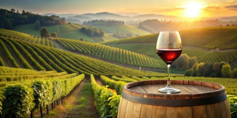A glass of red wine sits on a wooden barrel in a lush vineyard surrounded by grapevines and rolling hills